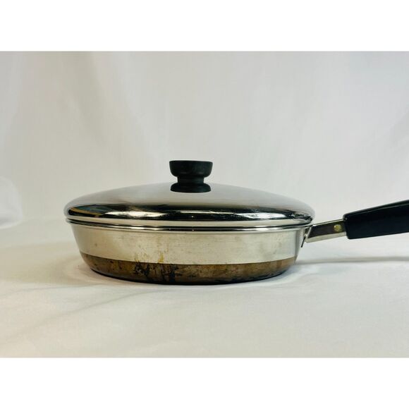Vtg. Revere Ware 1801 9" Skillet Frying Pan Copper Bottom w/ Lid Clinton ILL 88 - Picture 2 of 8